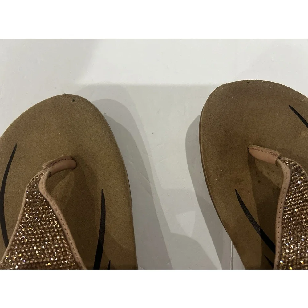 Aetrex Sandals Shoes Women Size 7 Brown Thong Wedge Rhinestone Comfort Orthotic